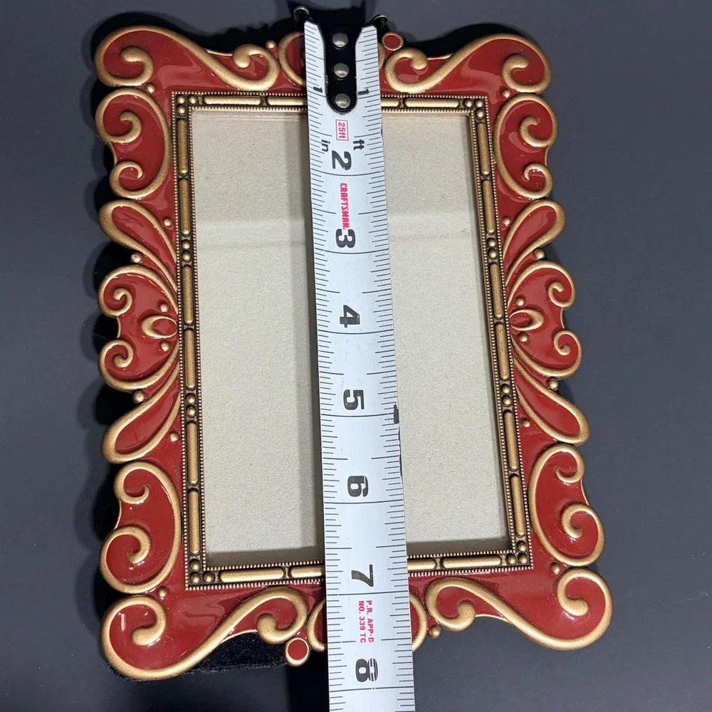 Vtg Style Rose Red/ Gold Enamel Ornate Scroll 4x6 Tabletop Picture Frame Baroque